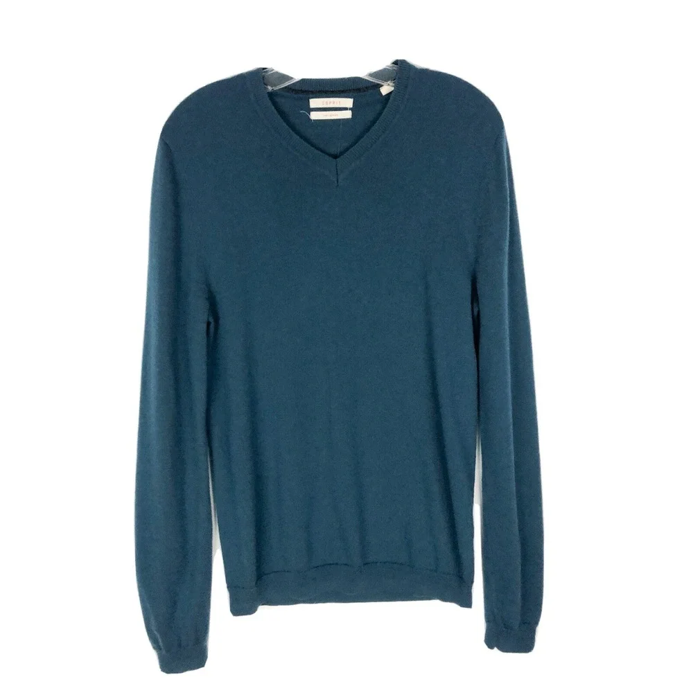 Esprit‎ Blue Long Sleeve V-Neck Knit Sweater Mens Size S 100% merino wool